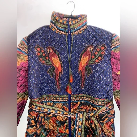 NWT Farm Rio Patchwork Midi Puffer Jacket Parrot Size Small - Picture 2 of 12